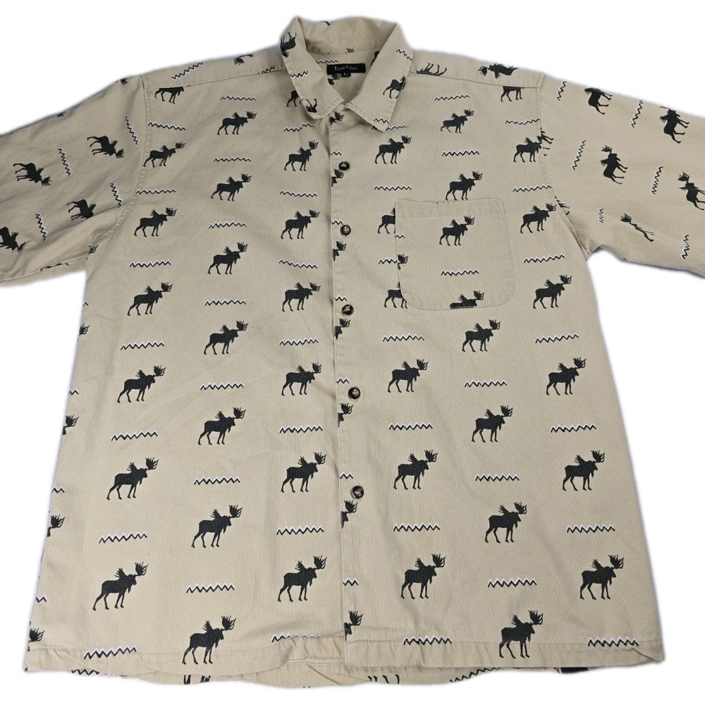 Vintage‎ True Grit Men's Shirt Moose Button Up Short Sleeve Size Large L Vtg